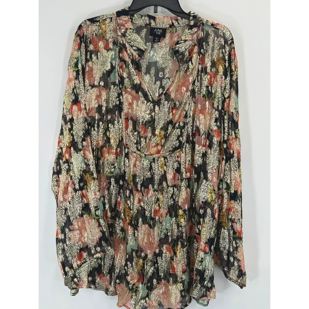 June + Vie Metallic Floral Blouse 2X Boho Peasant Top Shimmering Artsy Luxe - Picture 2 of 9